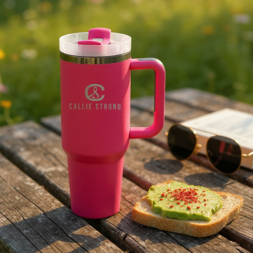 Engraved 40oz insulated tumbler for Callie Strong fundraiser, stainless steel awareness cup with reusable straw and handle.