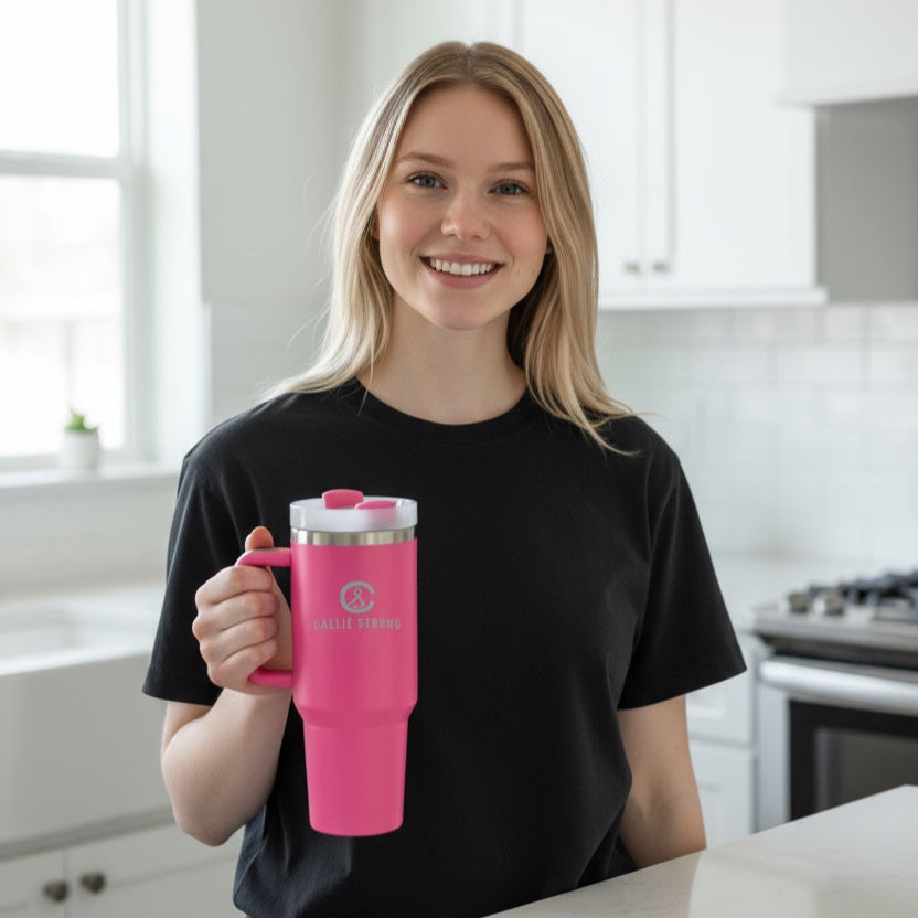 Callie Strong fundraiser engraved tumbler, 40oz insulated stainless steel cup with handle, lid, and straw for hot and cold drinks.