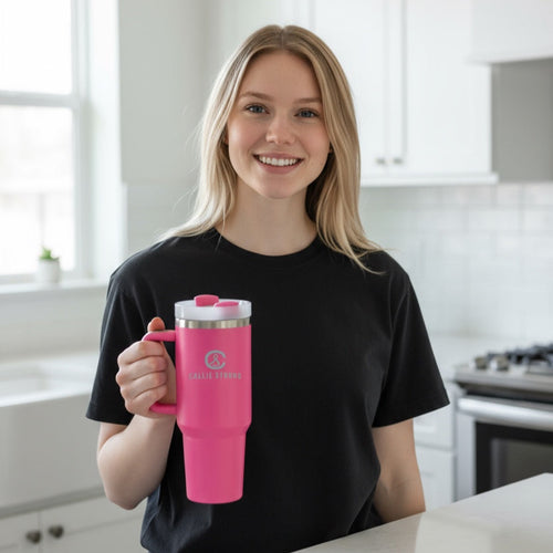 Callie Strong fundraiser engraved tumbler, 40oz insulated stainless steel cup with handle, lid, and straw for hot and cold drinks.