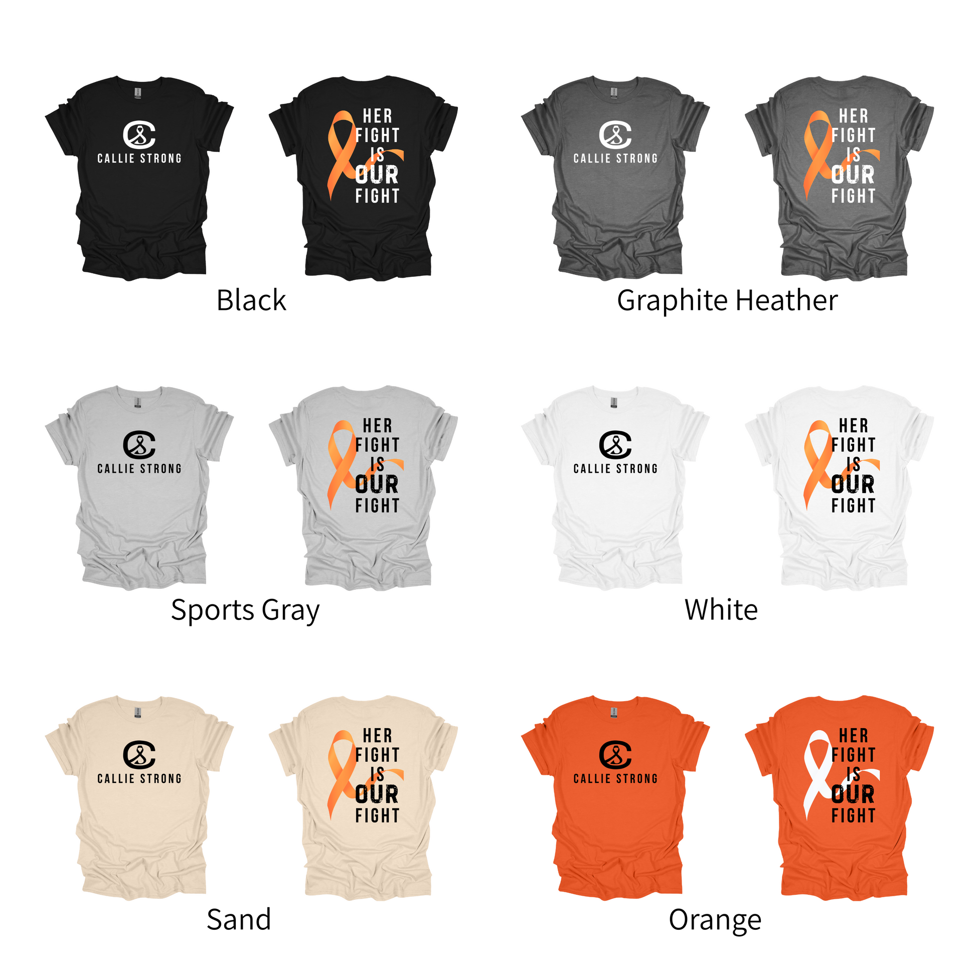 Fundraiser shirt for Callie, childhood cancer awareness tee with ribbon design and the words Her Fight Is Our Fight, unisex t-shirt for men and women