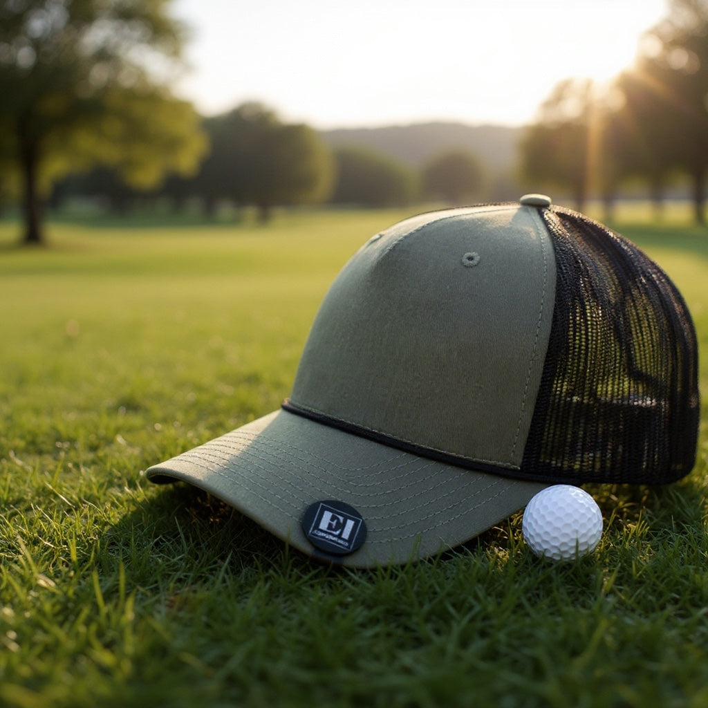 Golf course photo featuring a personalized magnetic hat clip and golf ball. Great for tournaments, promotional giveaways, and business gifts. Each clip is laser engraved, lightweight, durable, and perfectly sized at 24 mm x 27 mm to showcase your logo in style.