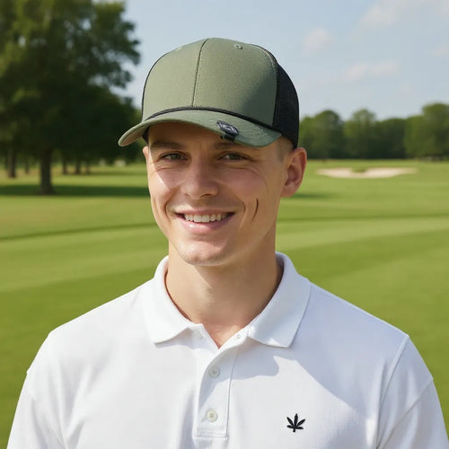 Customized golf marker hat clip with magnetic closure shown outdoors in natural light. Perfect for golfers, companies, and events looking for practical and memorable gifts. Laser engraved personalization highlights logos, initials, or tournament branding.