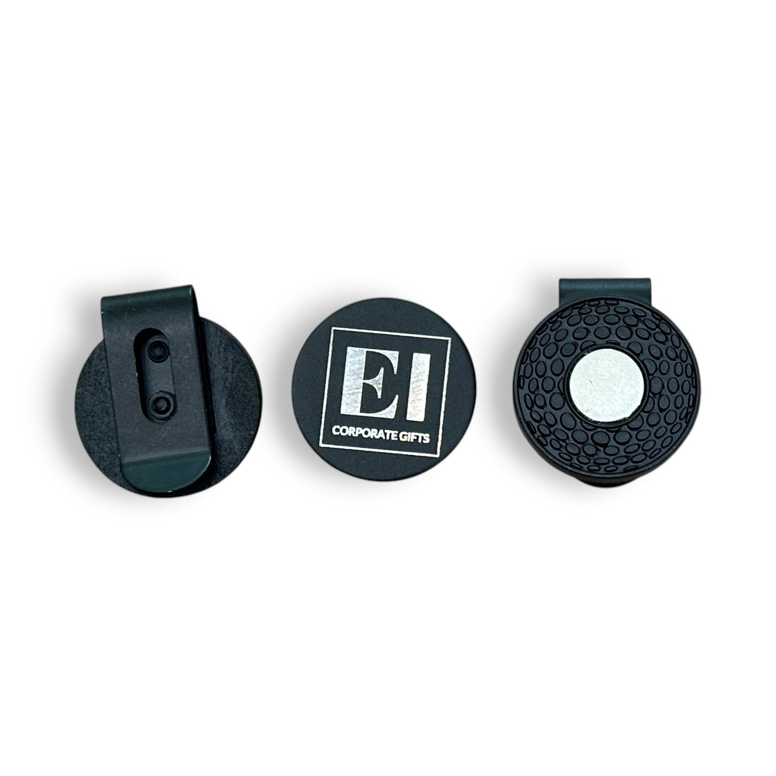 Engraved golf marker hat clip with magnetic design displayed outdoors on a golf course. A personalized promotional gift for golfers, ideal for tournaments, business giveaways, and corporate branding. Durable, lightweight, and custom engraved with your company logo.