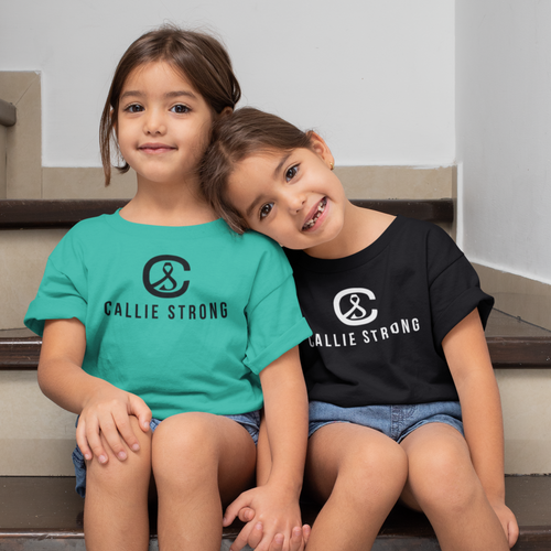 Her Fight Is Our Fight leukemia awareness t-shirt in unisex sizing, fundraiser shirt to support Callie’s battle with childhood cancer, short sleeve crewneck style.
