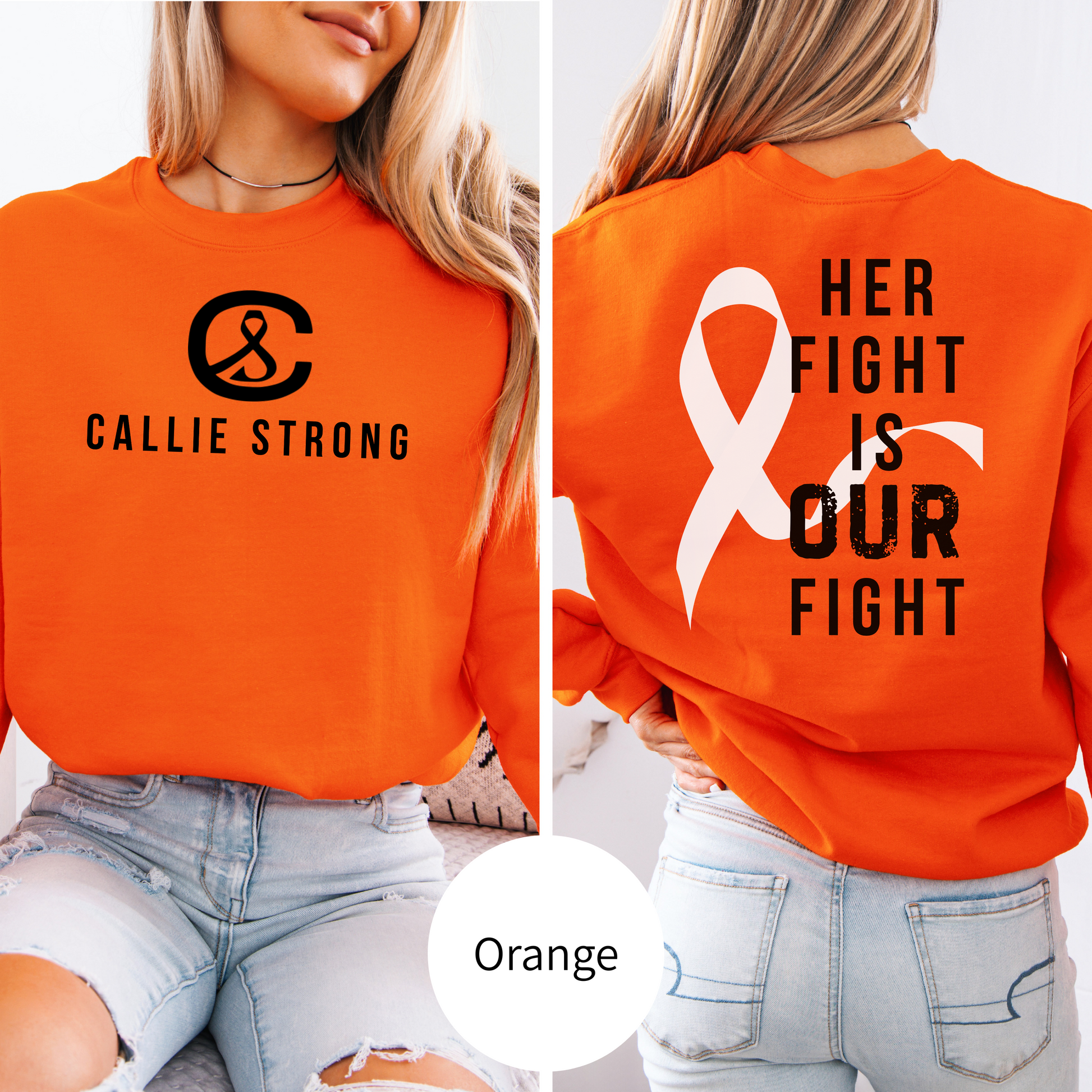 Fundraiser sweatshirt for Callie, childhood cancer awareness crewneck with ribbon design and inspiring message Her Fight Is Our Fight.