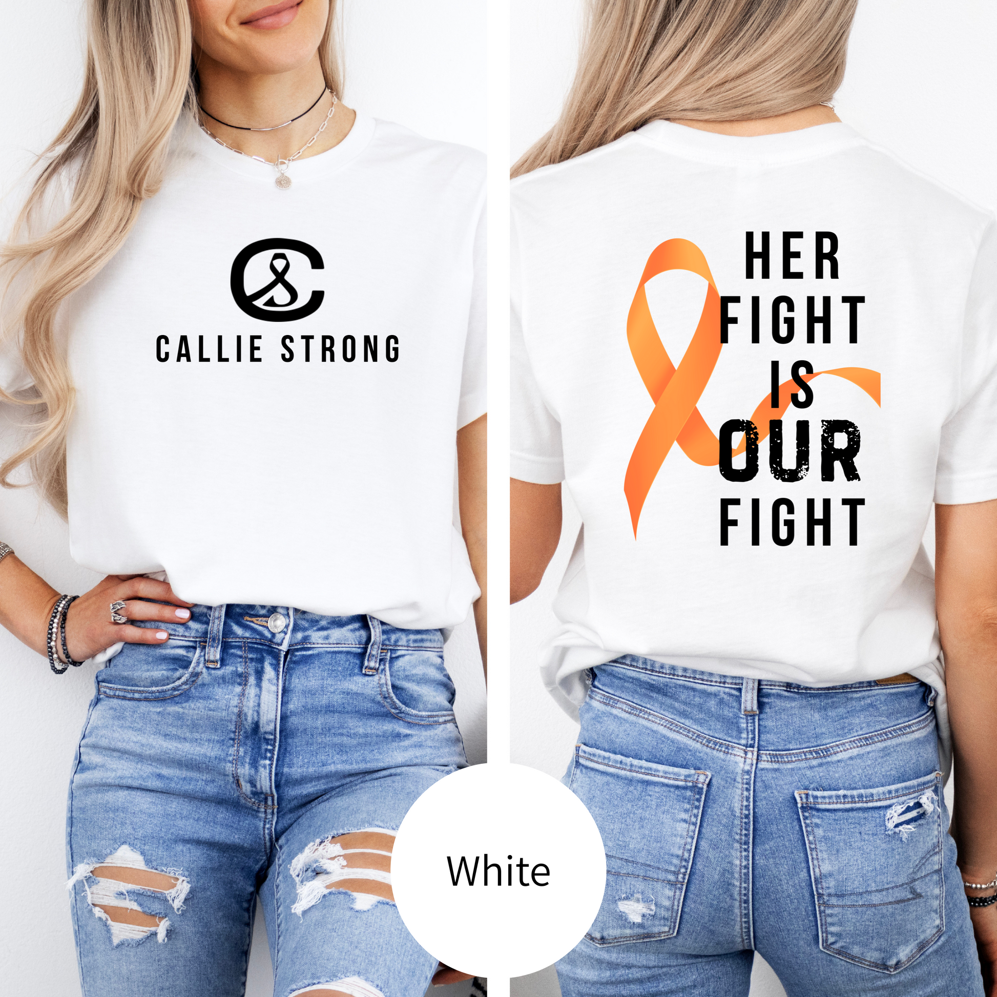 Leukemia awareness shirt designed to raise funds for Callie, community support t-shirt with inspiring message Her Fight Is Our Fight, available in youth and adult sizes.