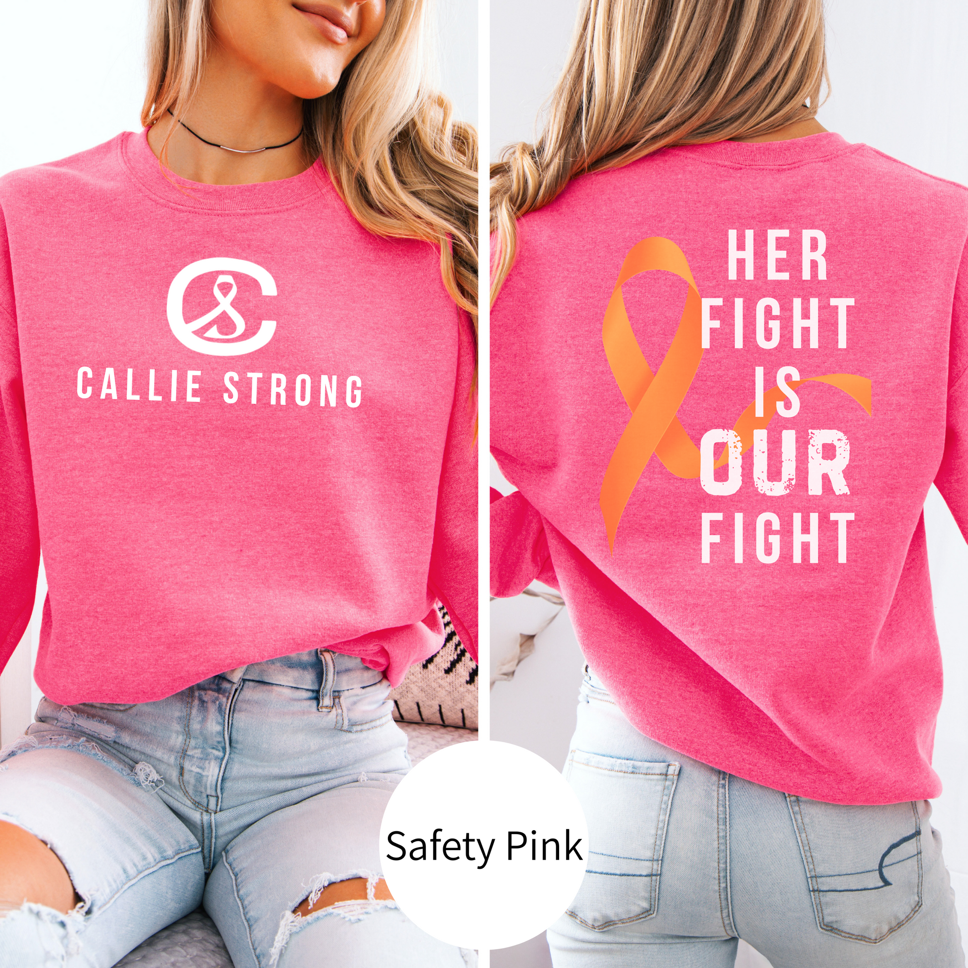 Show support for Callie with this Her Fight Is Our Fight awareness fundraiser sweatshirt, unisex crewneck for family, friends, and community events