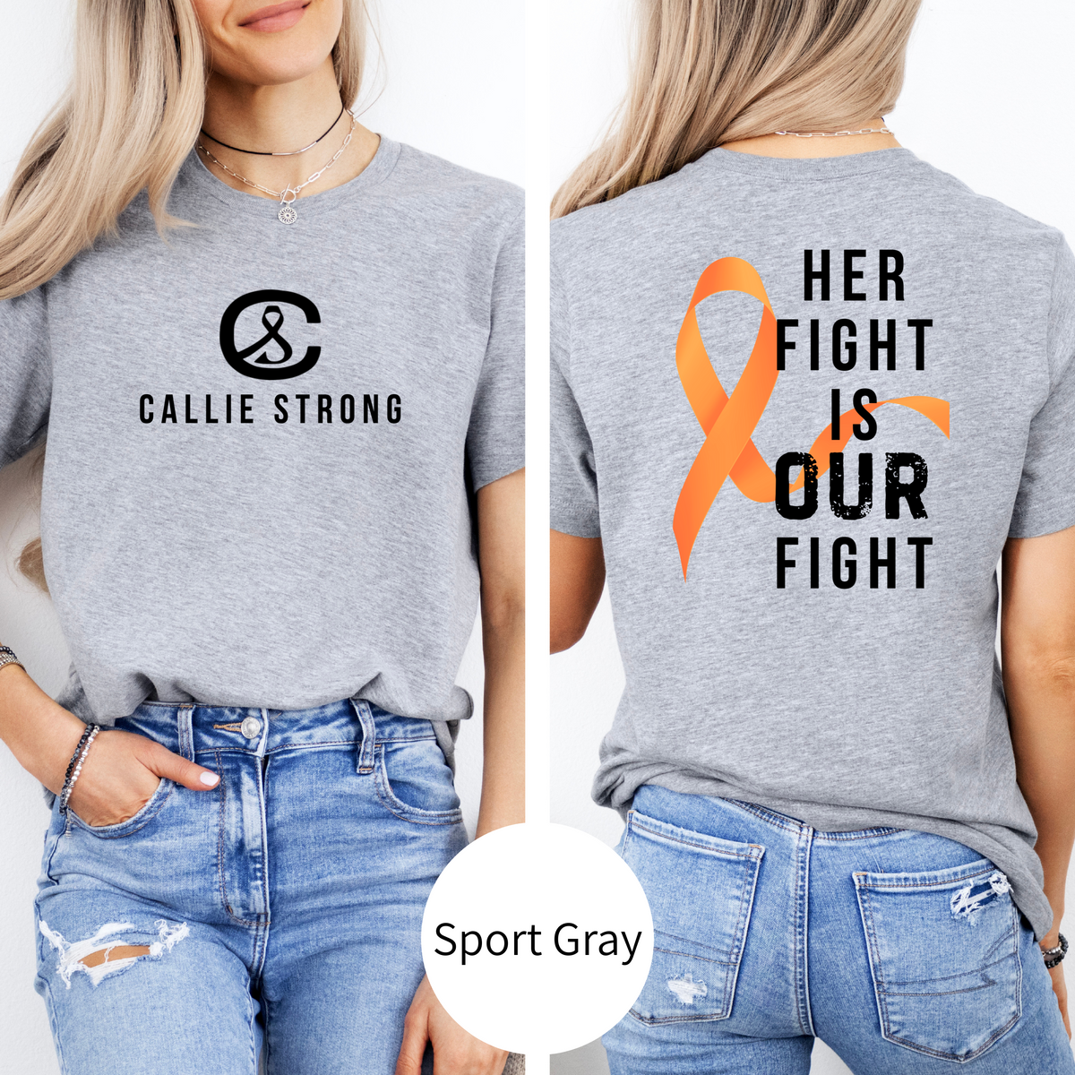 Support Callie with this Her Fight Is Our Fight awareness fundraiser t-shirt, childhood cancer support shirt for family, friends, and community events.