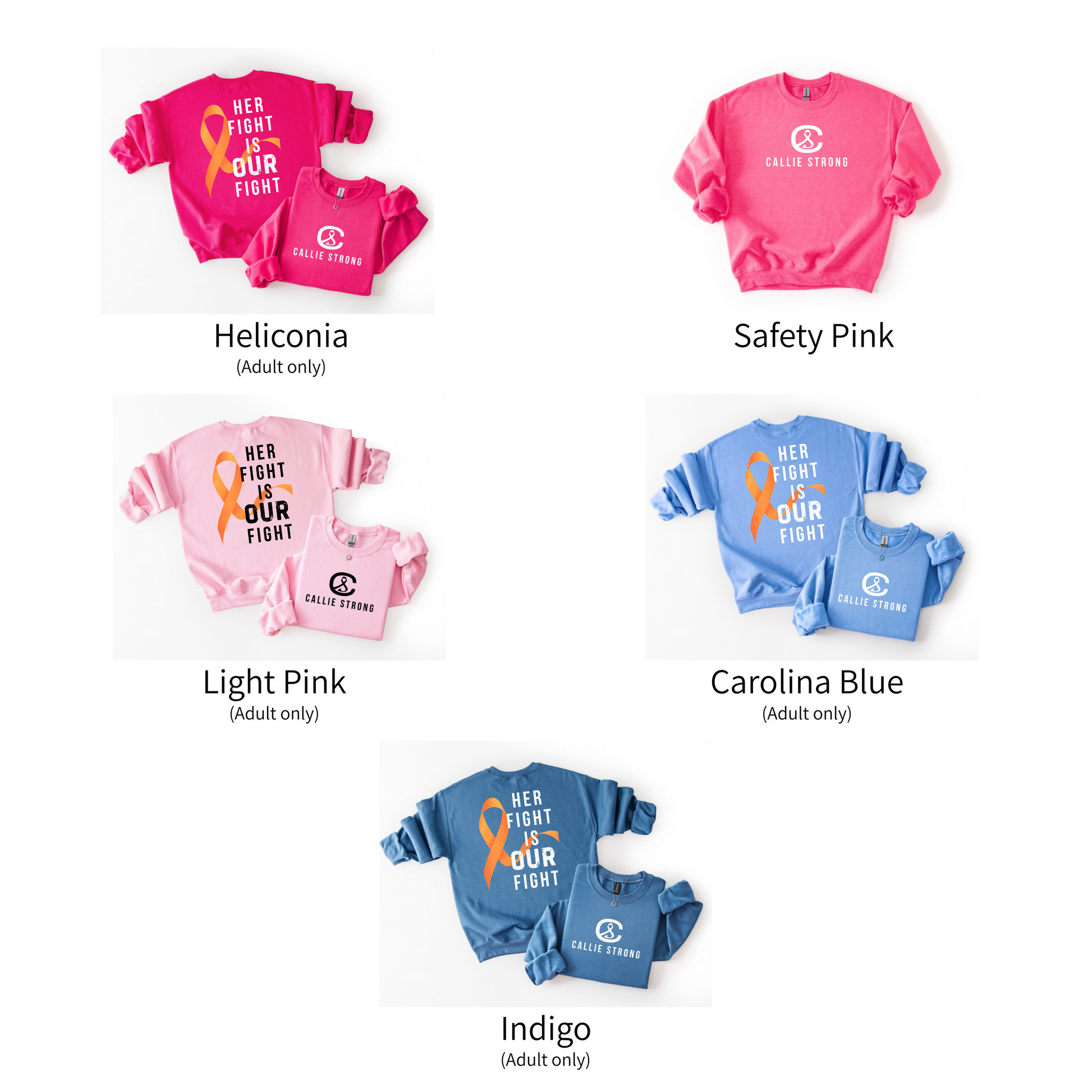 Her Fight Is Our Fight leukemia awareness sweatshirt in unisex sizing, fundraiser crewneck sweatshirt to support Callie’s battle with childhood cancer.