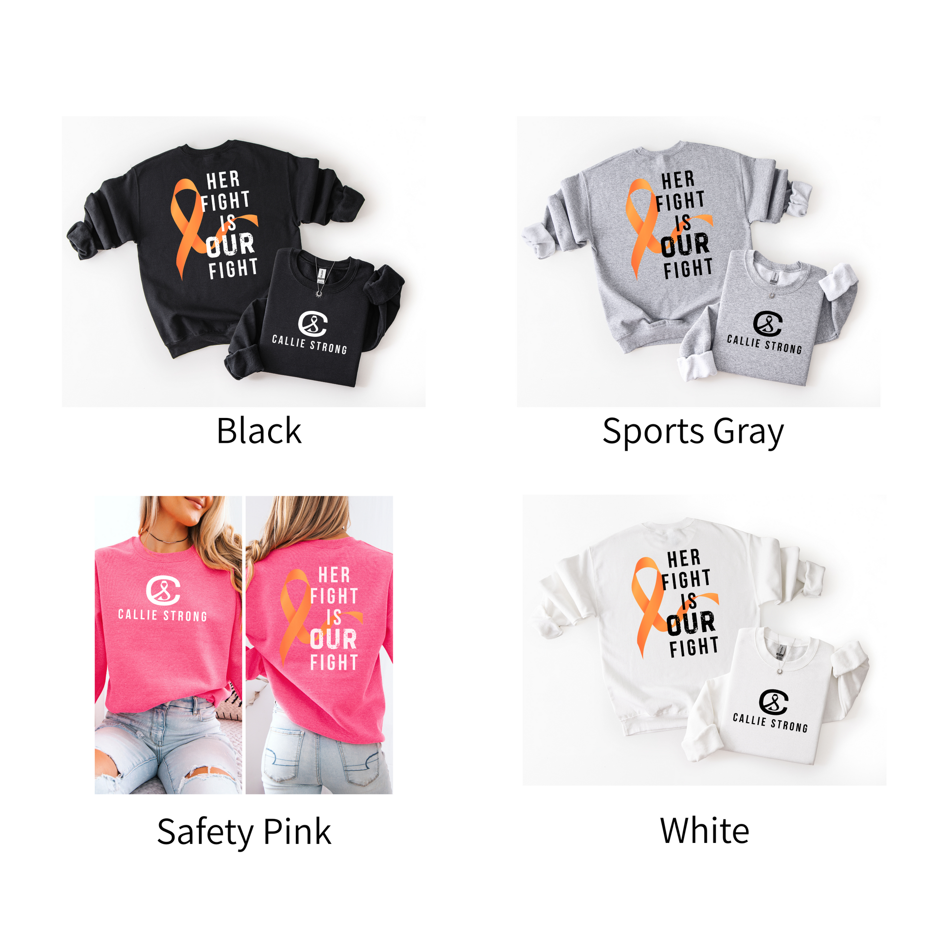 Fundraiser sweatshirt for Callie, childhood cancer awareness crewneck with ribbon design and inspiring message Her Fight Is Our Fight.