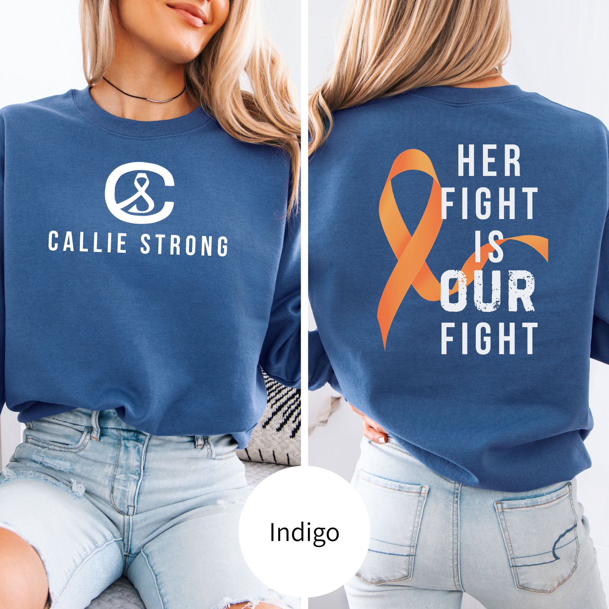 Leukemia awareness sweatshirt designed to raise funds for Callie, cozy Gildan 18000 crewneck available in youth and adult unisex sizes.