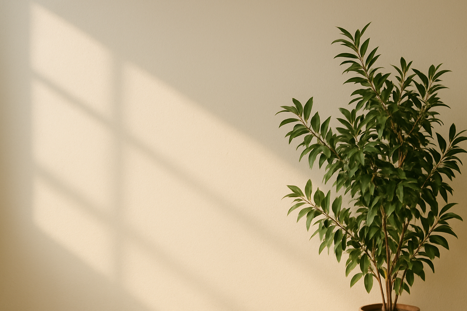 Remove pottery, lets do a white wall with natural light flowing in, with a plant coming in from the sidfe