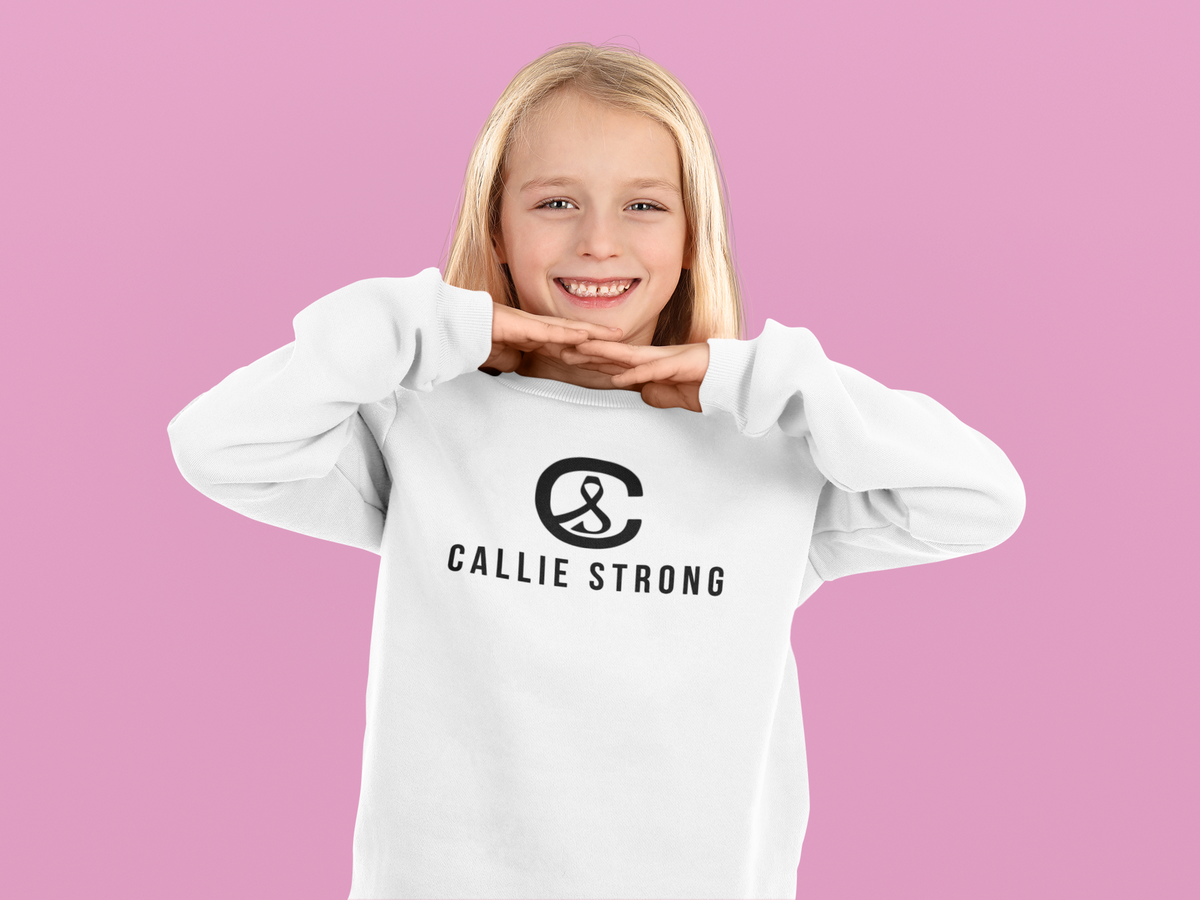 Her Fight Is Our Fight leukemia awareness sweatshirt in unisex sizing, fundraiser crewneck sweatshirt to support Callie’s battle with childhood cancer