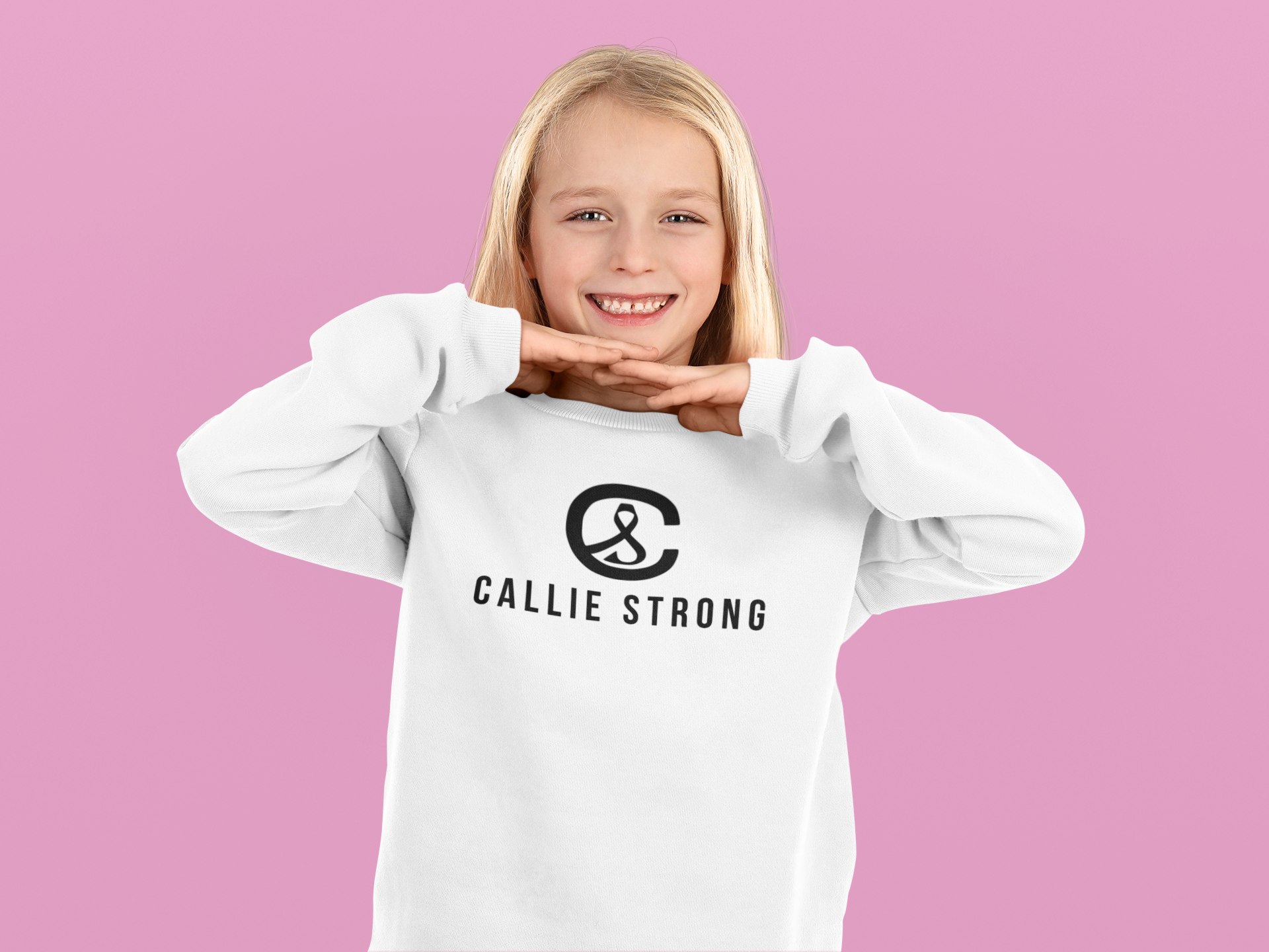 Her Fight Is Our Fight leukemia awareness sweatshirt in unisex sizing, fundraiser crewneck sweatshirt to support Callie’s battle with childhood cancer